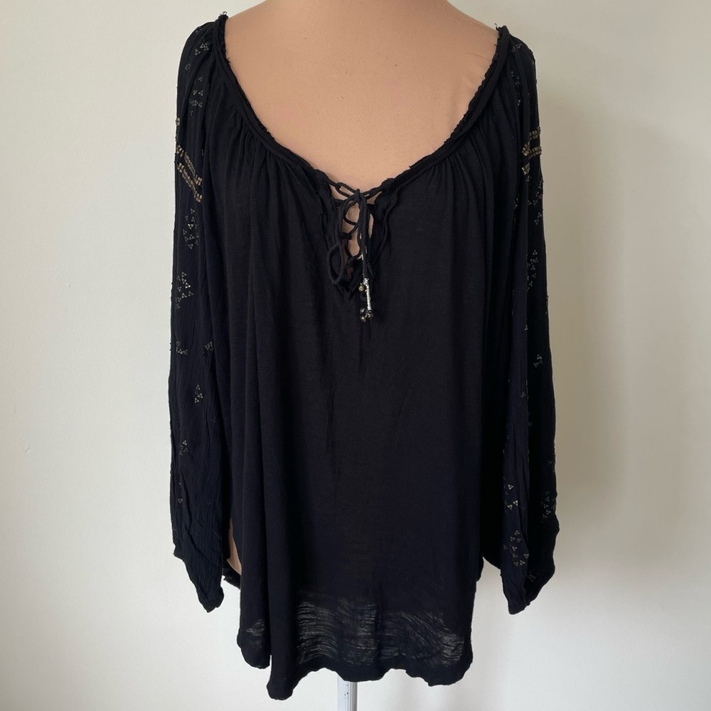 Free People Golden Nugget Black Embellished Lace Up Long Sleeve Peasant Tunic XS